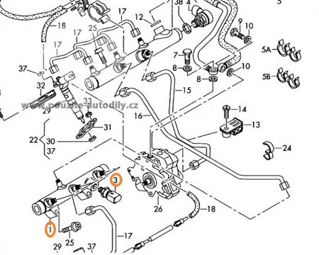 Rozdělovač paliva 059130089AB + čidlo tlaku 059130758E Audi 3,0TDi